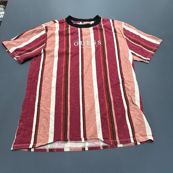 Guess Originals Striped T-Shirt Men's Large Logo Crewneck Red Pink Retro Casual - Picture 1 of 8